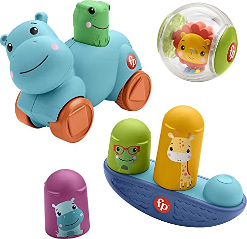 Fisher-Price Movimientos Kit de juego con bola león, cochecito hipopótamo y balancín de animales, juguete para bebés +9 meses (Mattel HFJ94)