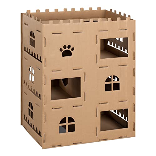 Navaris Castillo para Gatos de Cartón – Casa de Cartón de Juguete para Gatos con 3 Niveles – Torre de Juegos para Gatos de 97 x 73 x 50 cm