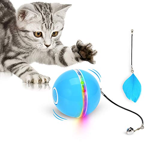 WWVVPET Bola de Juguete de Gato interactiva con luz LED y Hierba gatera, Campana de Anillo y Juguete de Plumas de Mascotas, Juguete de Bola de Gato Inteligente giratoria, USB Recargable