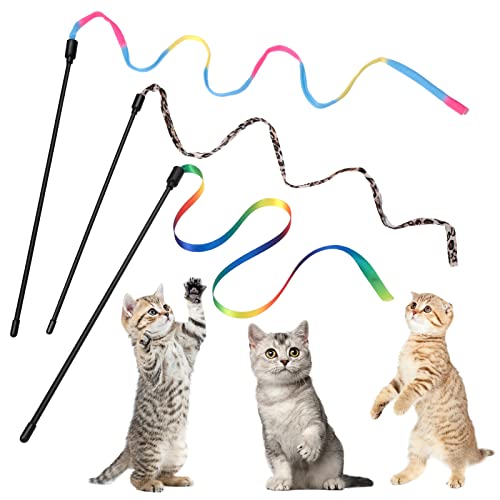 Cobee Juego de 3 Varitas para Gatos, Varita Interactiva para Gatos de 30 cm con Cuerda de Cinta Arco Iris de 60 cm +Tela Arco Iris +Estampado de Leopardo para Mascotas Gatito Entrenamiento