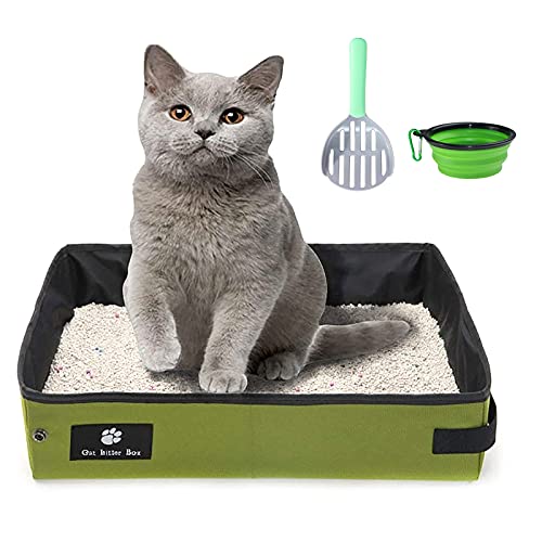 Arenero para gatos portátil para viajes: suave, impermeable, plegable y ligero, con 1 cuenco plegable y 1 pala (verde, 45 x 35 cm)