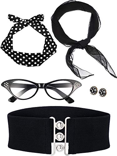 Zhanmai Conjunto de Accesorios de Disfraz de los Años 1950 Incluye Bufanda Diadema Gatos Gafas Pretina para Mujeres Chicas Materiales de Fiesta (Negro)