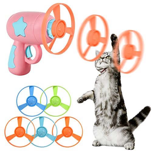 Colexy Cat Fetch Toy, Hélices Voladoras de Colores Juguetes Interactivos de Seguimiento con 1 Lanzadore y 5 Discos Color Aleatorio, Juguetes para Gatos Perro Mascota Persecución Entrenamiento (Rosa)