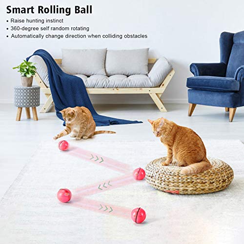 WWVVPET 2023 Juguete para Gatos, Bola de Juguetes con luz LED, rotación automática de 360 Grados y Carga USB Juguete Interactivo para Gatos, para Mascotas Perro Gatitos (Rojo)